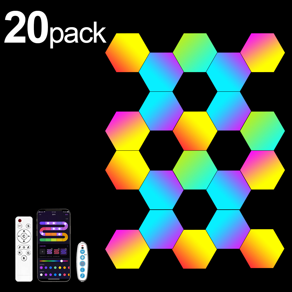 Ambient Night Light RGB Smart Hexagonal Wall Lamp, DIY Shape, Music Rhythm APP for Game Room