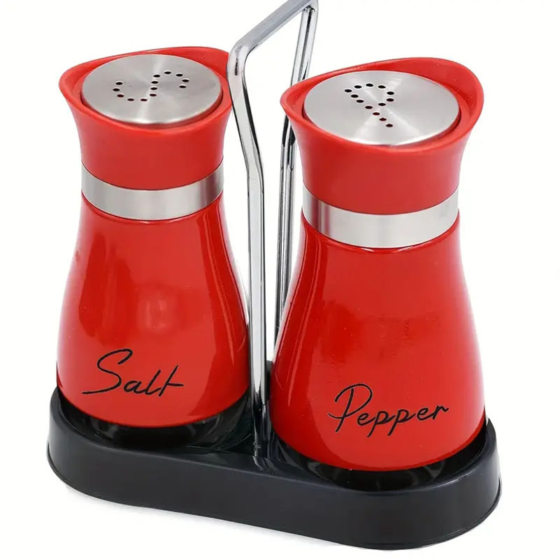 Adjustable Salt & Pepper Shakers Set, Refillable Glass Spice Bottles with Shelf Organizer, Includes Pour Holes