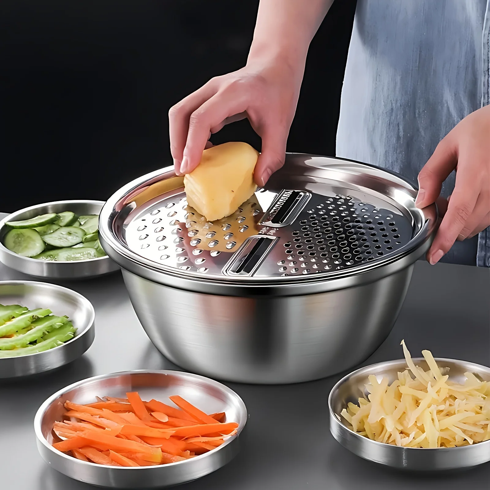 Multifunctional Vegetable Slicer & Drain Basket Set, Stainless Steel Potato Slicer and Vegetable Washing Basin