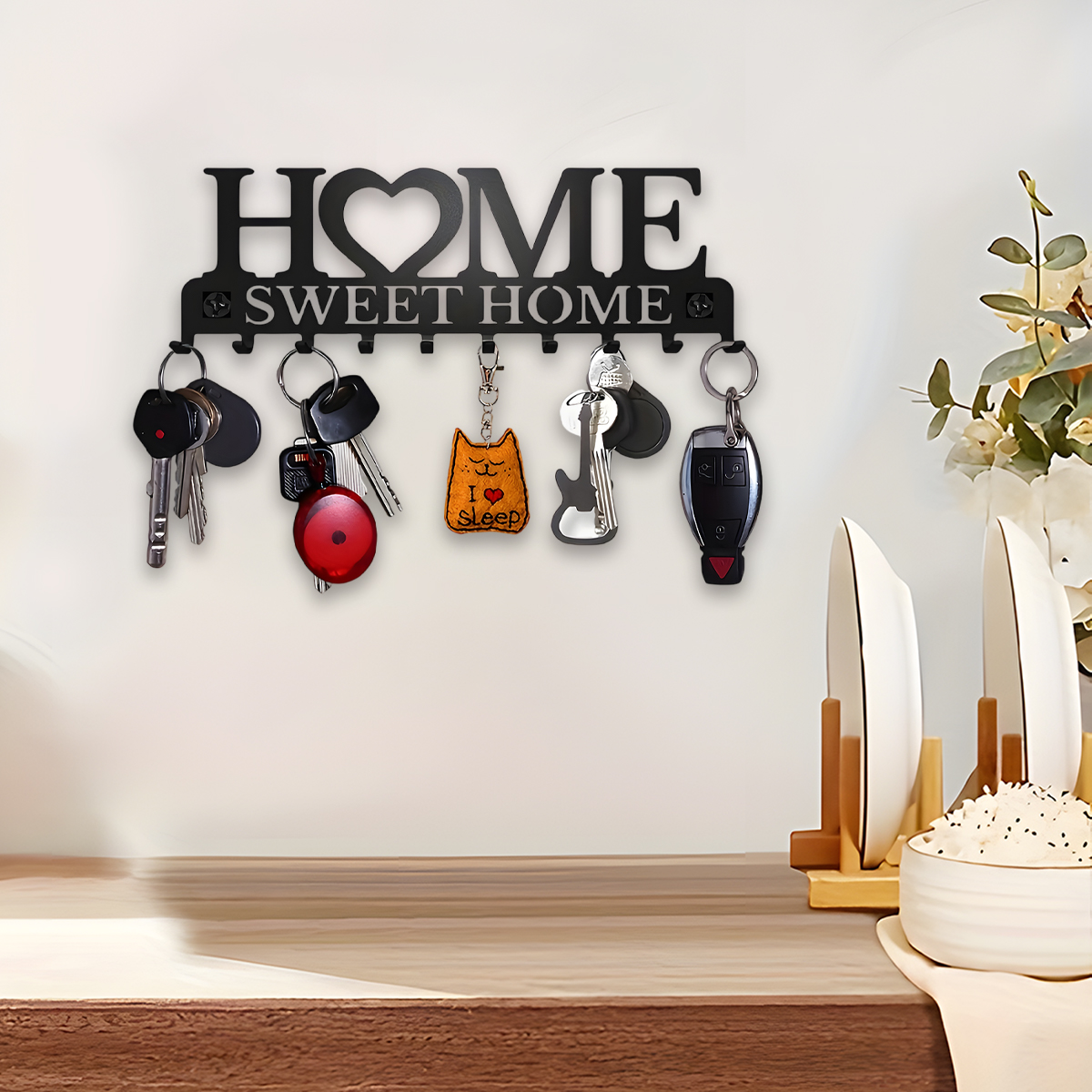 Black Metal Wall-Mounted Key Holder Rack, Sweet Home Design