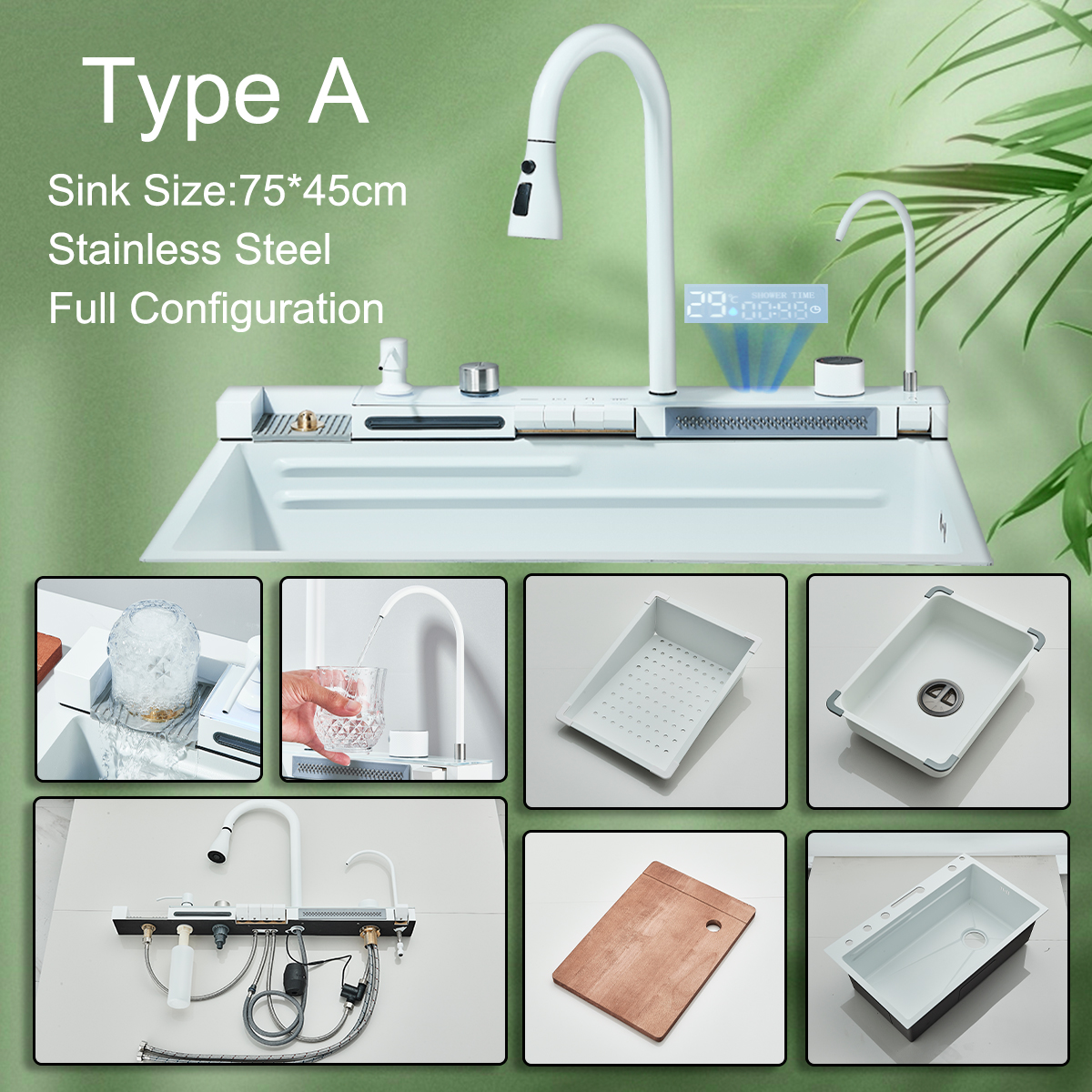 White Nano Stainless Steel Kitchen Sink Faucet Set with Double Waterfall and Digital Display