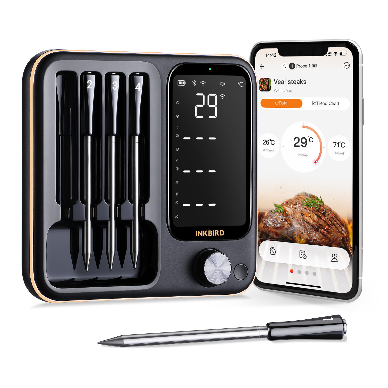 Wireless BBQ Meat Thermometer with 4 Probes, IP67 Waterproof, WiFi & Bluetooth Enabled for BBQ & Oven Use