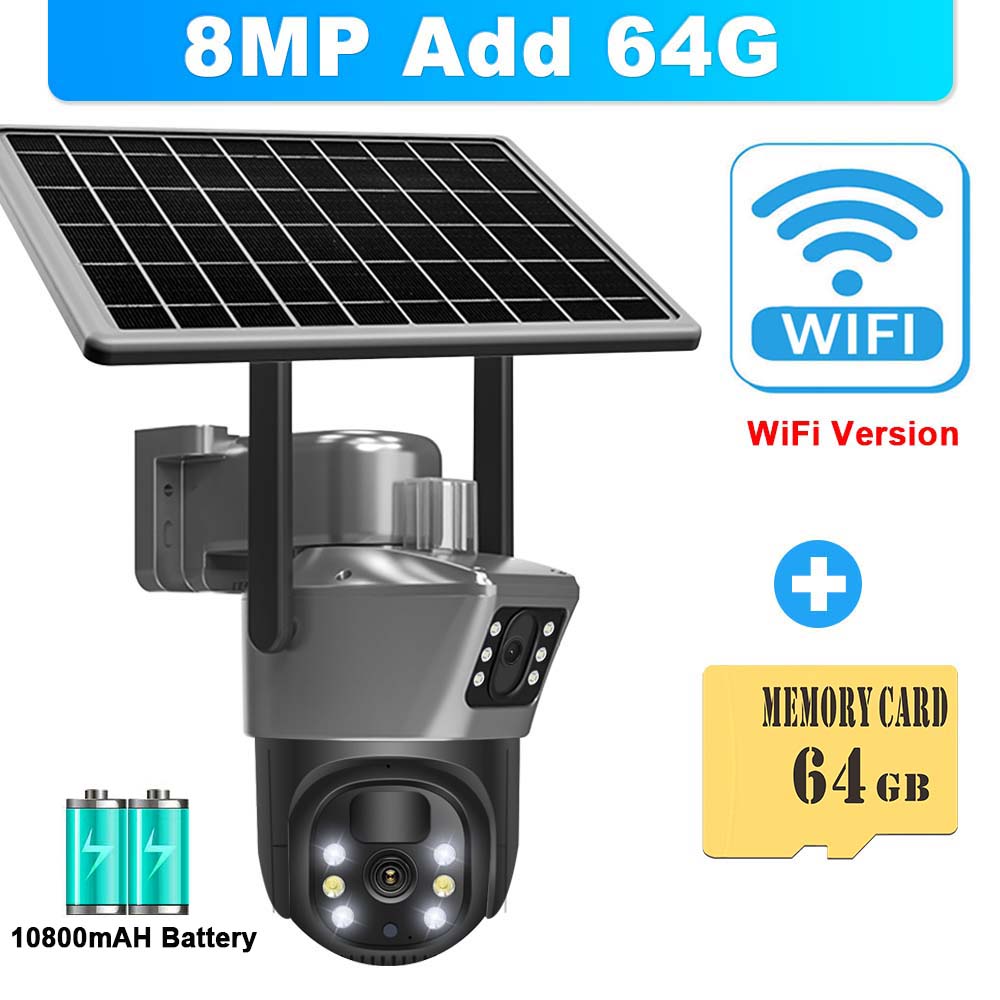 WiFi Solar Camera, Wireless Outdoor CCTV Surveillance with Dual Lens PTZ & Solar Panel