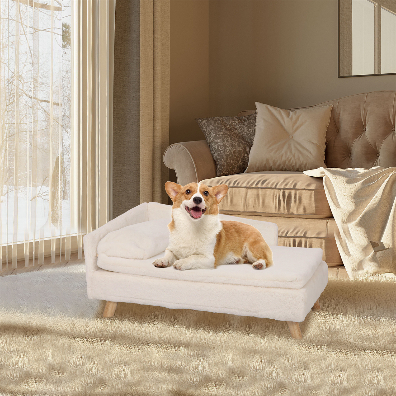 Elevated Pet Bed, Nordic Pet Stool Bed with Cozy Pad Waterproof, Pet Sofa Bed with Sturdy Wood Legs for Small Dog