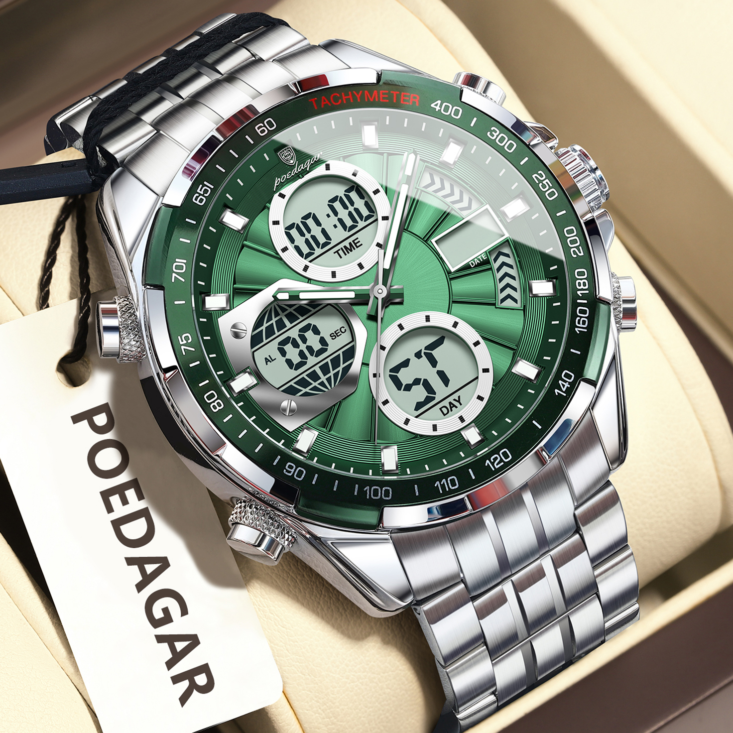 Men Waterproof LED Digital Watch Dual Time Stainless Steel Luxury Quartz Watch