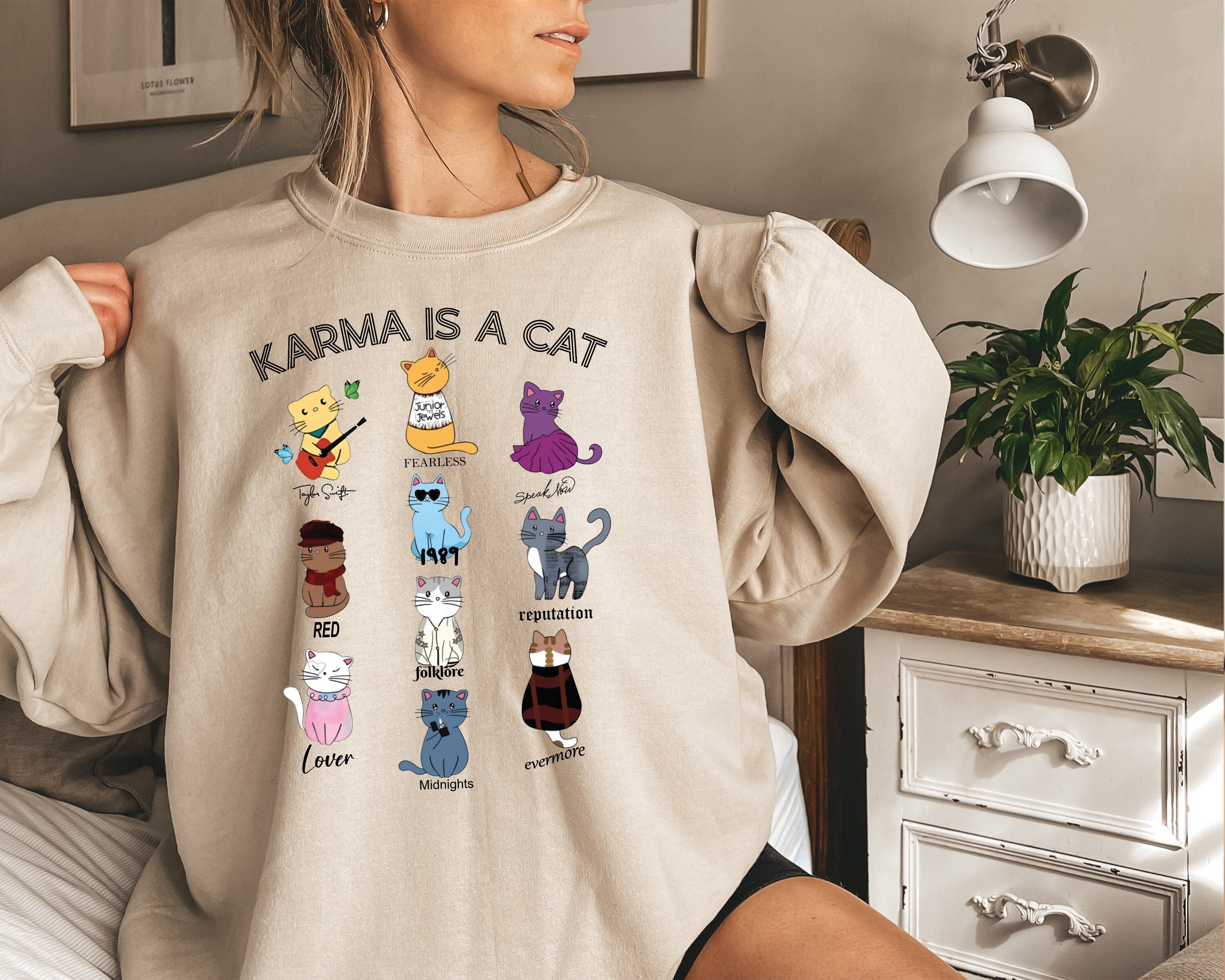 Karma Is A Cat Sweatshirt, Music Albums As Books Sweatshirt, Fan Sweatshirt, Music Sweatshirt, Music Fan Album Sweatshirt, Gift for Her - 1.jpg