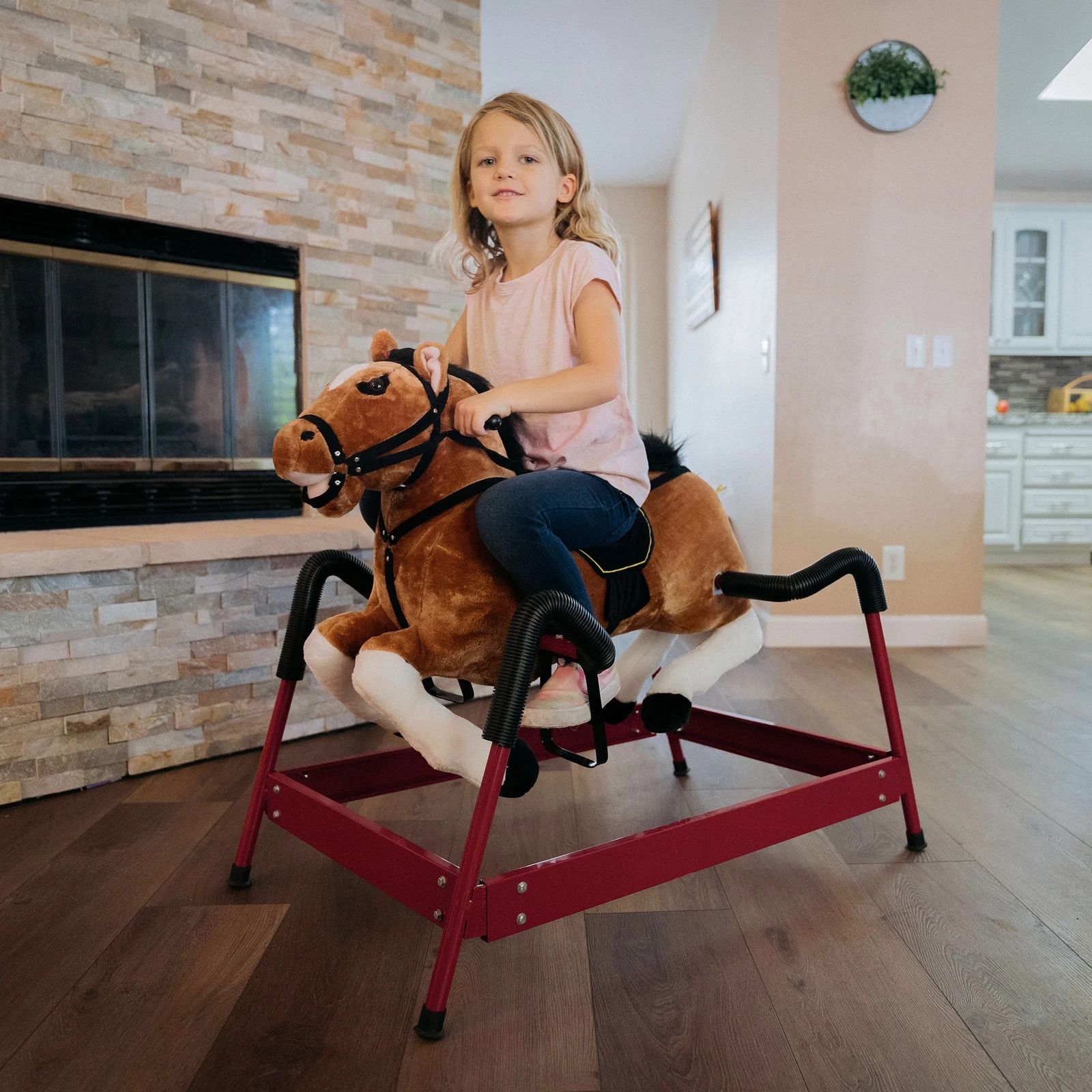 Vintage Rocking Horse Toy, Plush Wooden Ride with Sound for Boys & Girls