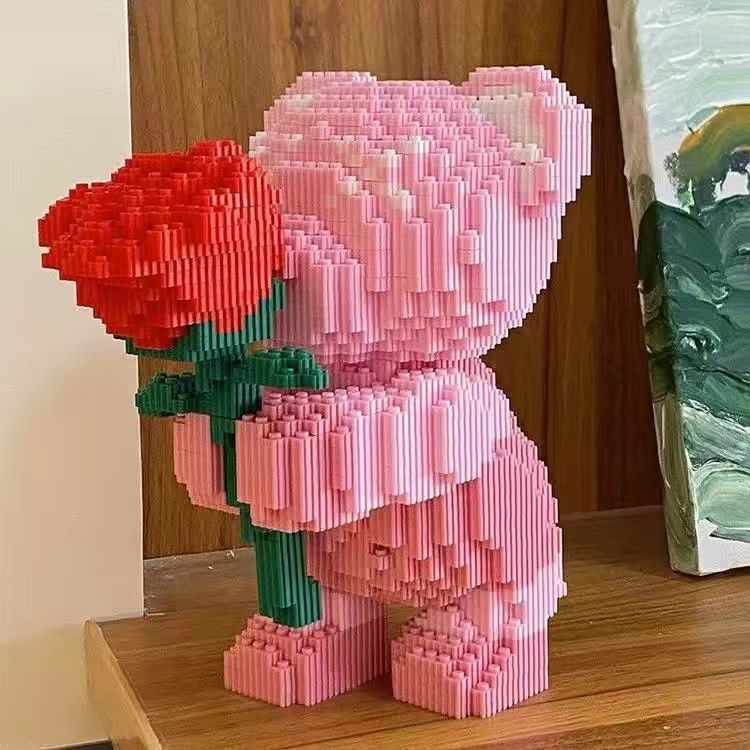 Cute Pink Flower Teddy Bear Building Blocks DIY Building Block Toy for Kids and Desk Decor