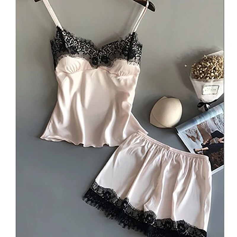 Womens Pajama Suit Fashion V Neck Stretch Satin Babydoll Lace Sexy Lingerie Sleepwear Set with Bowknot