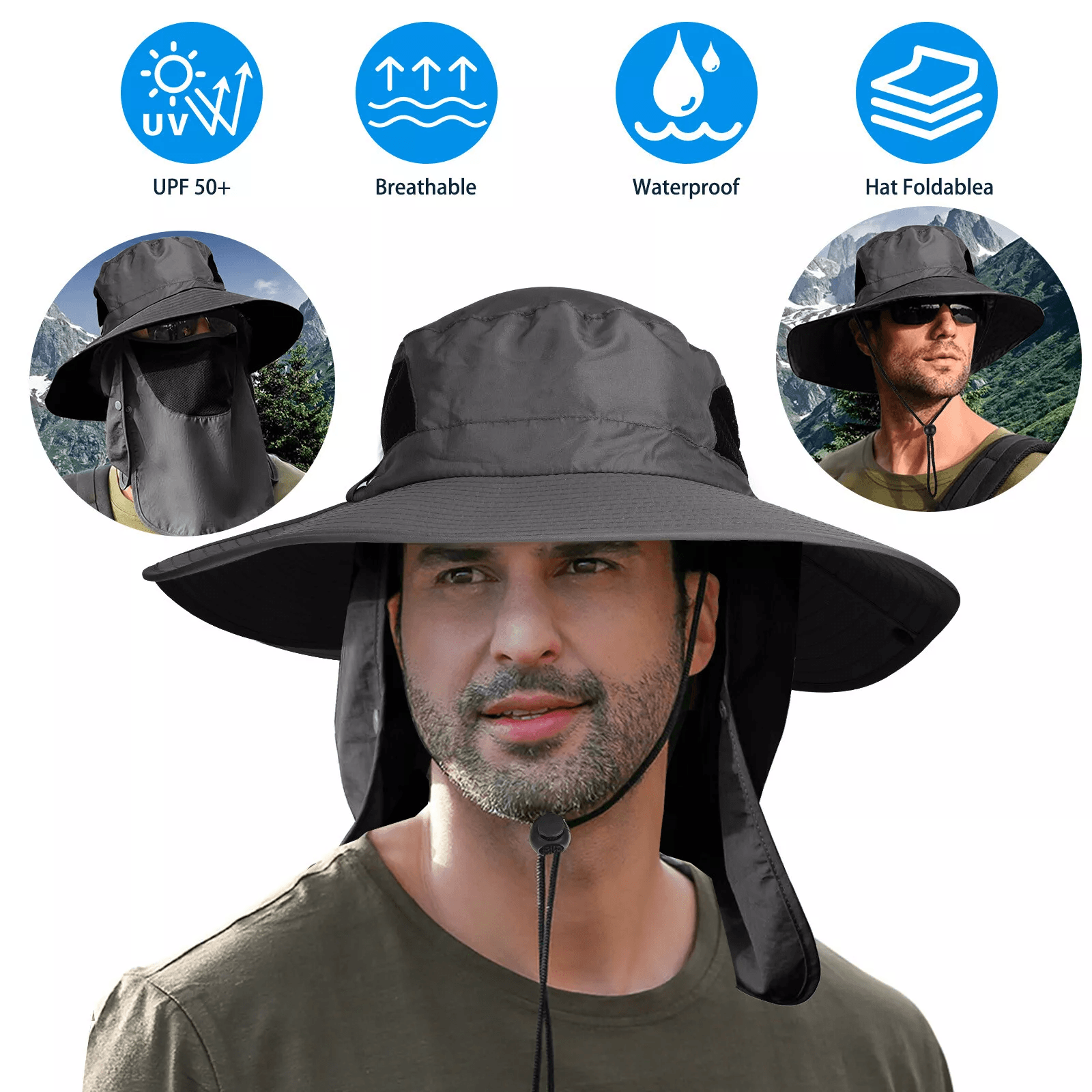 Outdoor Wide Brim Sun Hat UV Protection Neck Flap, Hiking, Fishing, Travel Cap for Men Womens