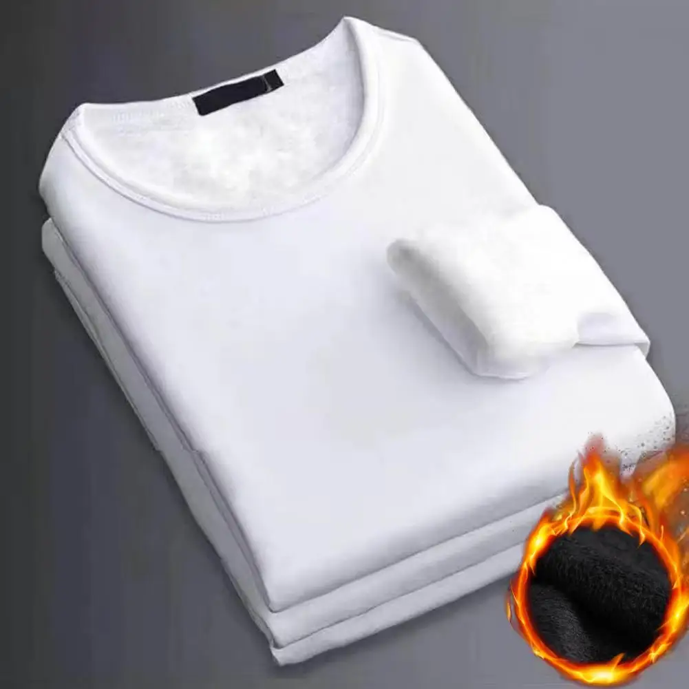 Winter Men's Long-Sleeved Thermal Underwear T-Shirt, Plus Size Fleece Lined Round Neck Bottoming Shirt, Fashion Slim Fit
