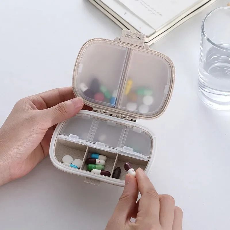 Mini Portable 8-Grids Pill Box, Travel Medicine Organizer with Wheat Straw Sealed Tablets Storage