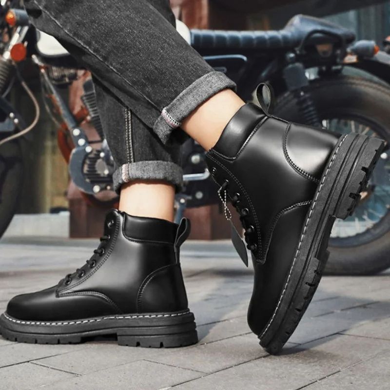 Men's High-Top Leather Motorcycle Ankle Boots, Winter Fashion Lace-Up Combat Footwear