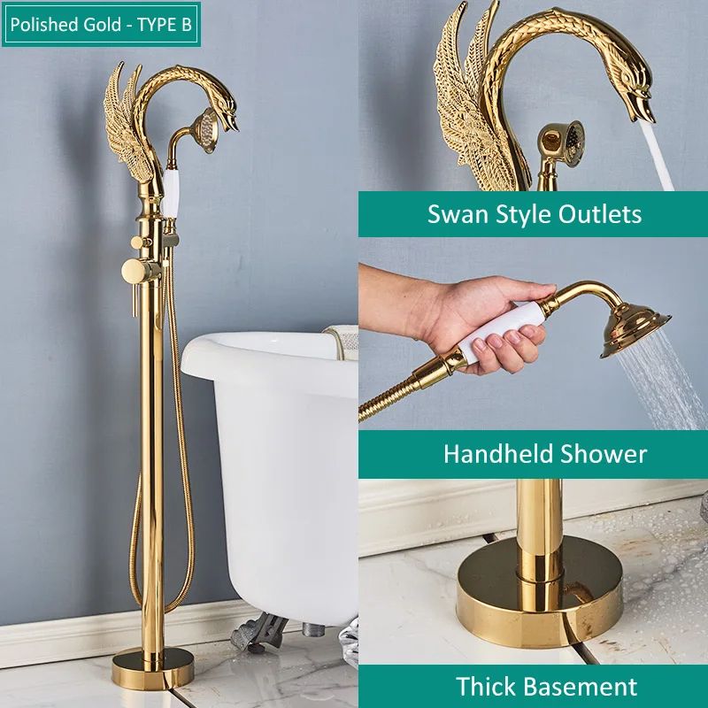 Luxury Quyanre Floor Standing Gold Swan Bathtub Faucet, Modern Black Chrome Shower Mixer Tap for Bathroom Elegance