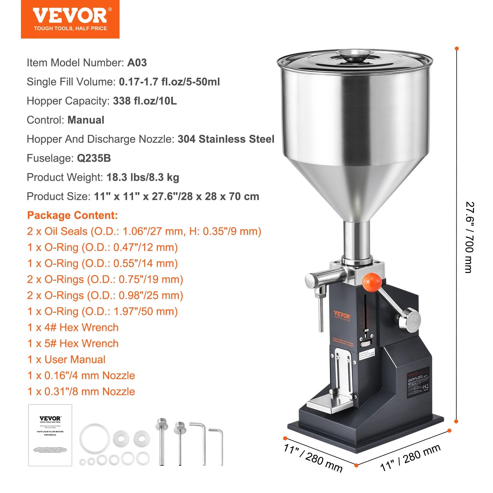 VEVOR Manual Liquid Filling Machine Adjustable Paste Bottle Filler with Hopper for Water, Juice, Shampoo, Honey