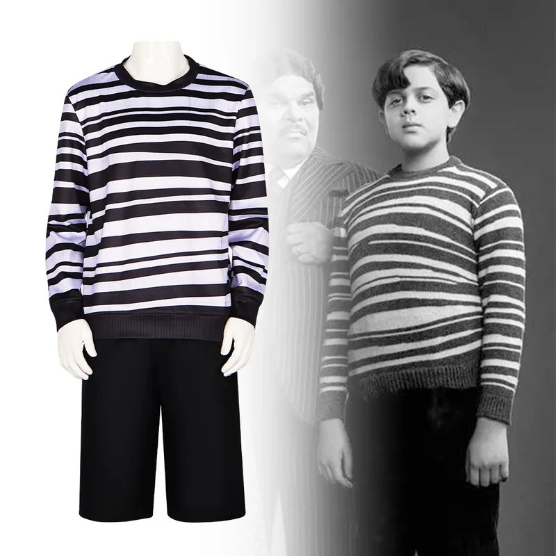 Movie Addams Family Pugsley Addams Cosplay Costume, Wednesday’s Younger Brother Outfit with Tops & Pants for Halloween
