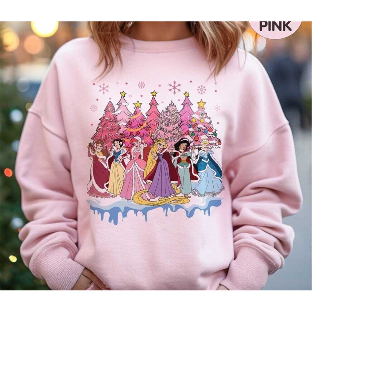 Pink Disney Princess Christmas Sweatshirt, Disney Princess Christmas Tree  Girl Trip Shirt, Princess Birthday Girl Party,