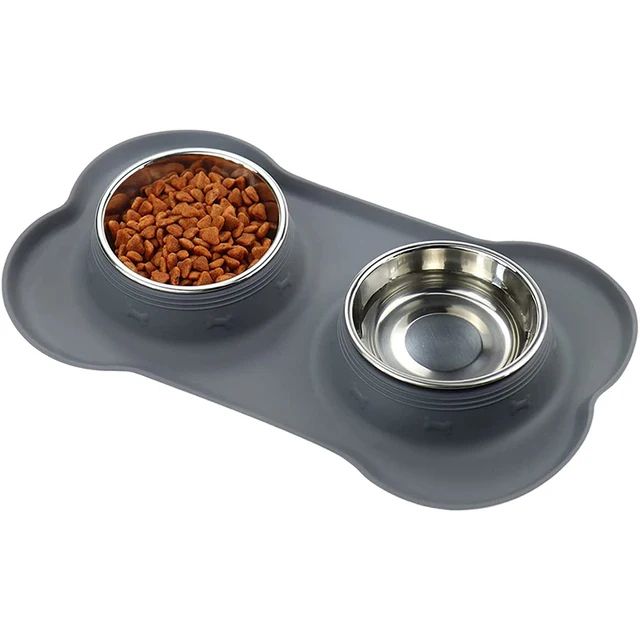 Non-Slip Silicone Mat Double Dog Bowl, Durable Stainless Steel Feeding & Drinking Bowls for Pets
