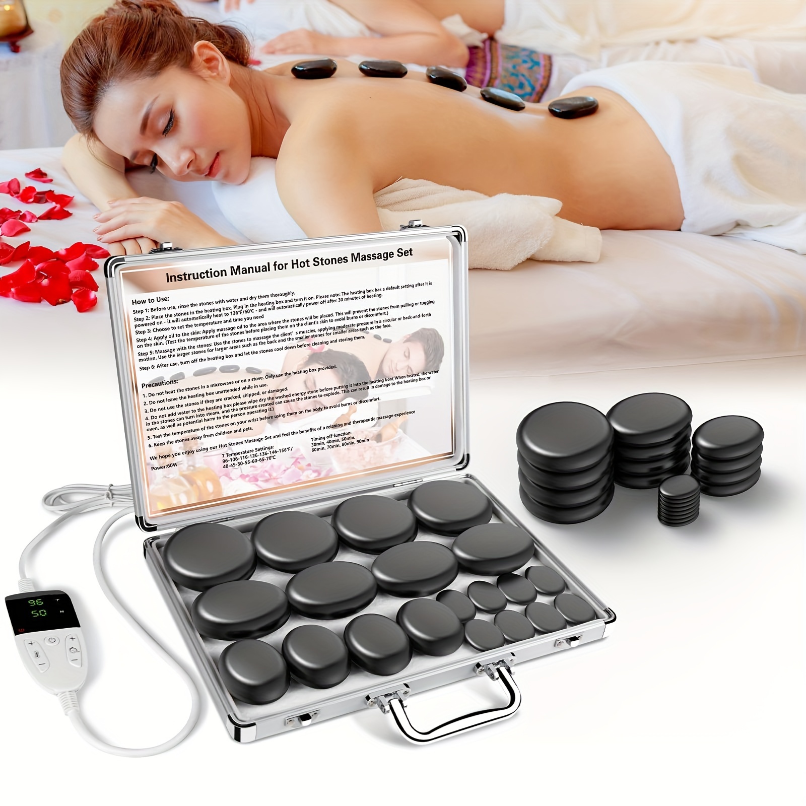 Professional Spa Massage Tool, Hot Stone Massage Set with Temperature Adjustment, Hot Stone Massage Set with Heaters