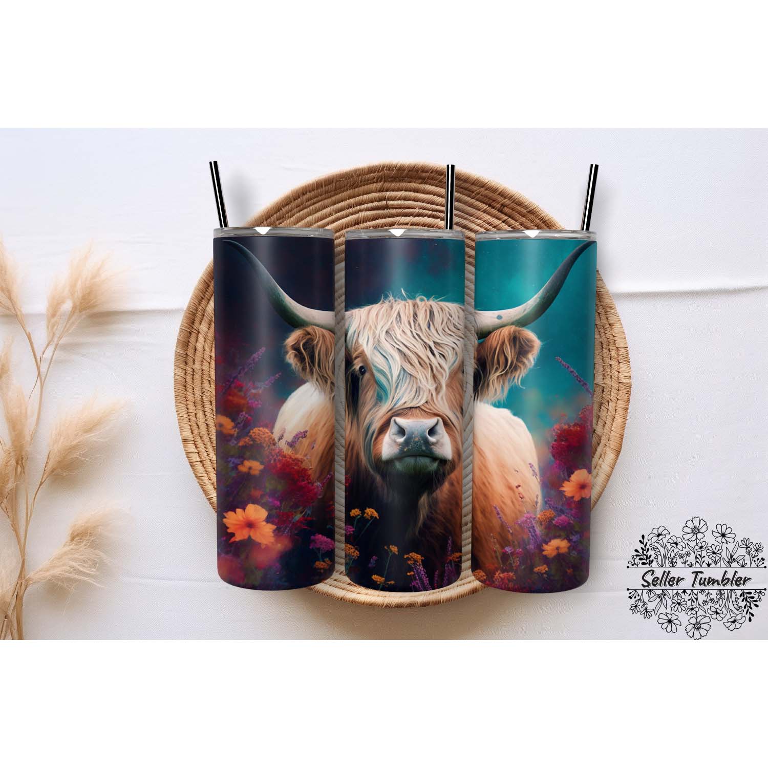 Highland Cow Wild Flower 20 Oz, Tumbler 20 oz Wrap PNG, Skin | Inspire ...