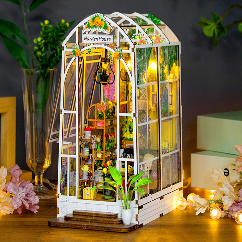 Wooden Garden House DIY Book Nook, 3D Puzzle Flower Dollhouse Bookshelf Insert with LED Lights