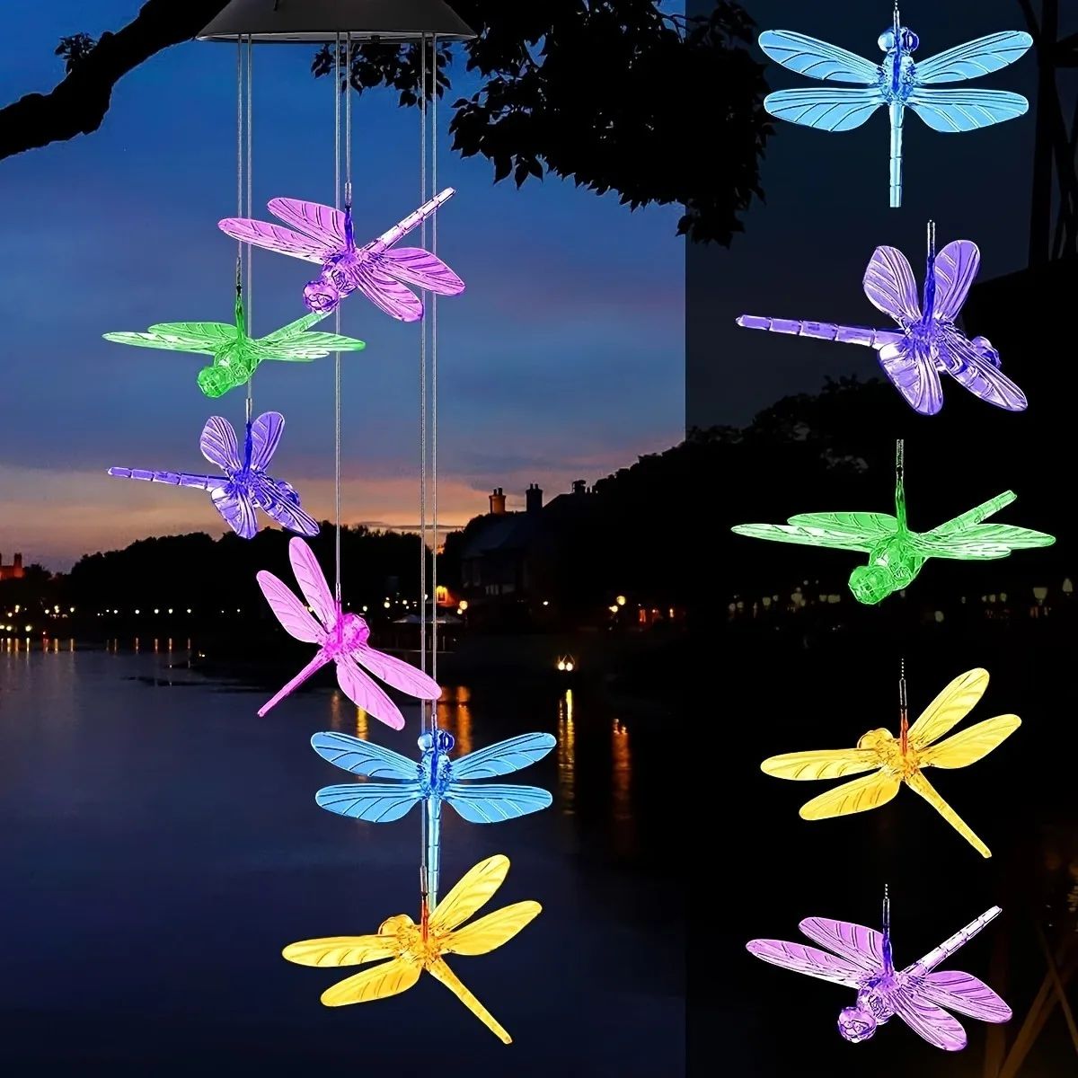 Solar Wind Chimes Outdoor Waterproof, LED Color Changing Butterfly, Dragonfly, Hummingbird Lights, Perfect for Garden