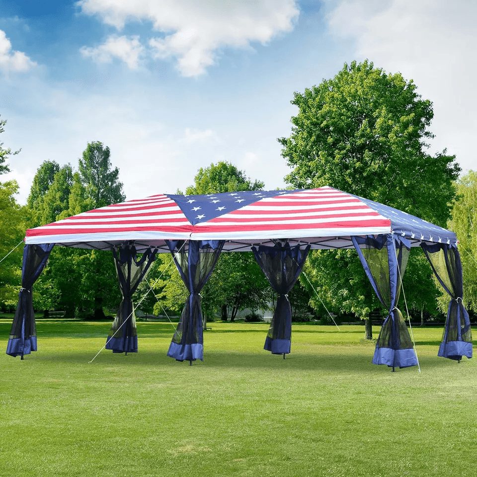 Pop Up Party Tent Gazebom, Wedding Canopy with 6 Sidewalls & American Flag