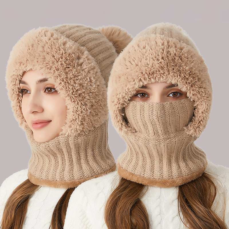 Winter Warm Knitted Hat Fashion Windproof Scarf Mask One-piece Hat with Fluff Thickening for Women