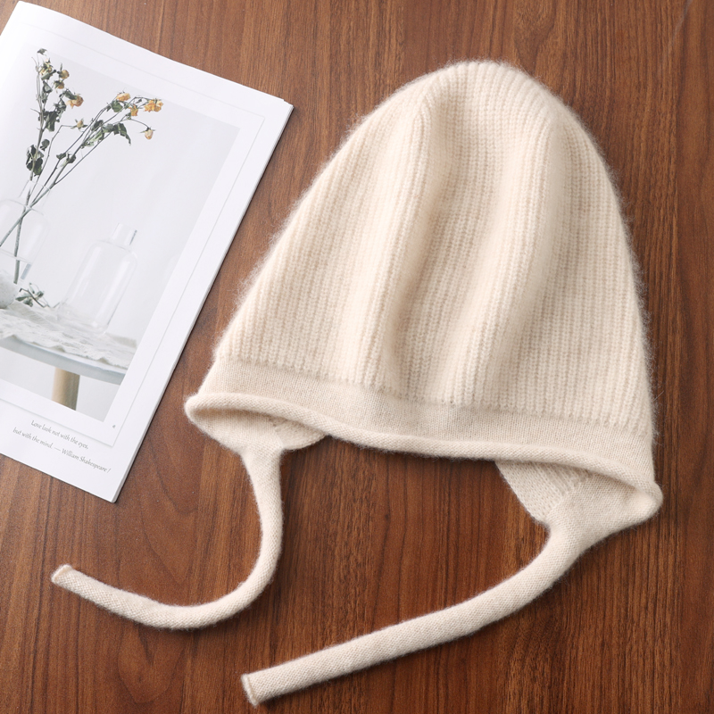 Cute Lace-up Women's Winter Knitted Hats Pure Wool Pullover Beanie Windproof Earflap
