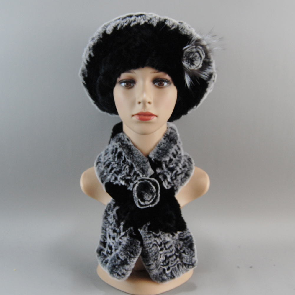 Women Fashion Rex Rabbit Fur Hats Scarves and caps, Warm Real Fur Hat Muffler, Winter Fur Scarf Sets