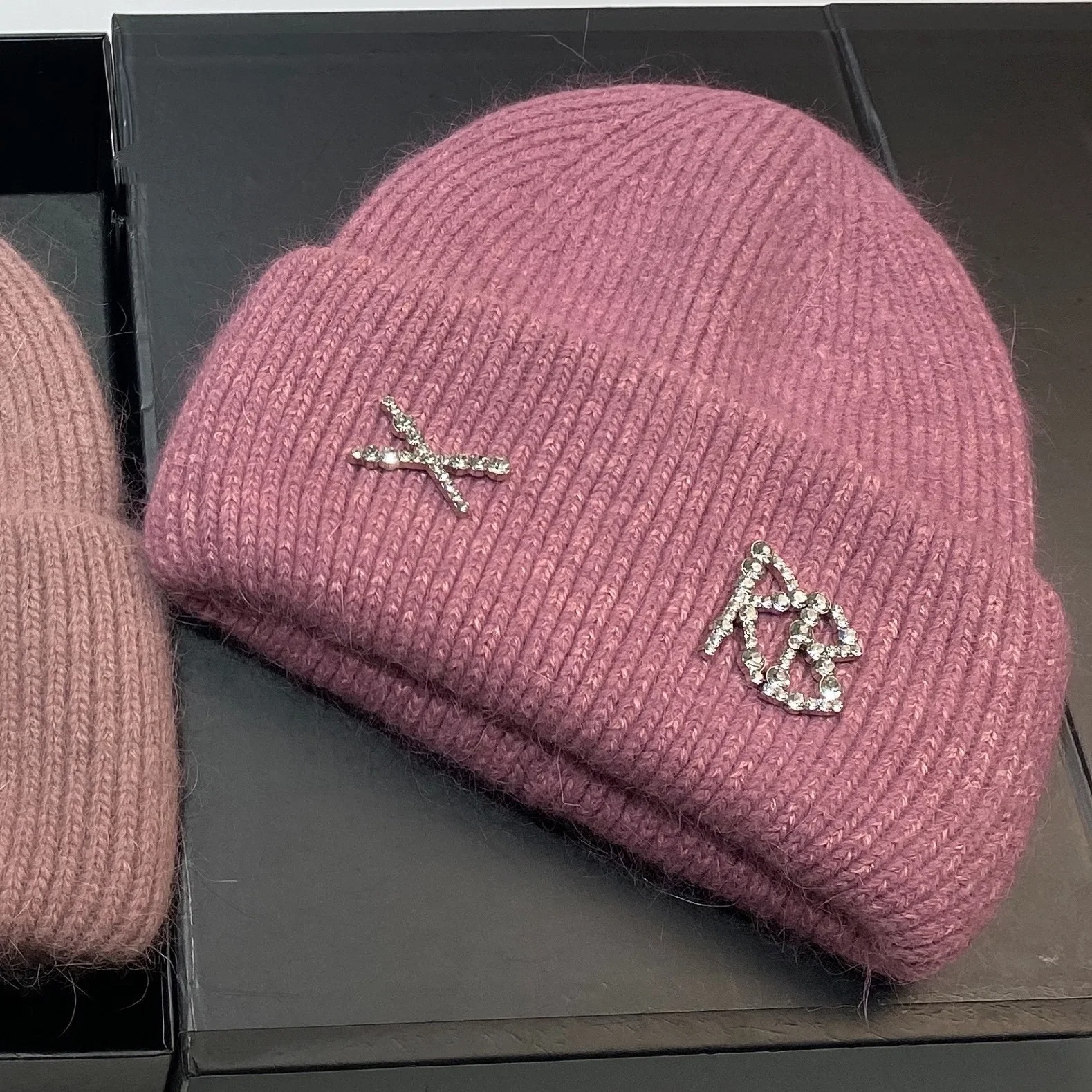 Winter Warm Real Rabbit Fur Beanies Hats with Diamond Letter for Women Skiing Cap Casual Bonnet