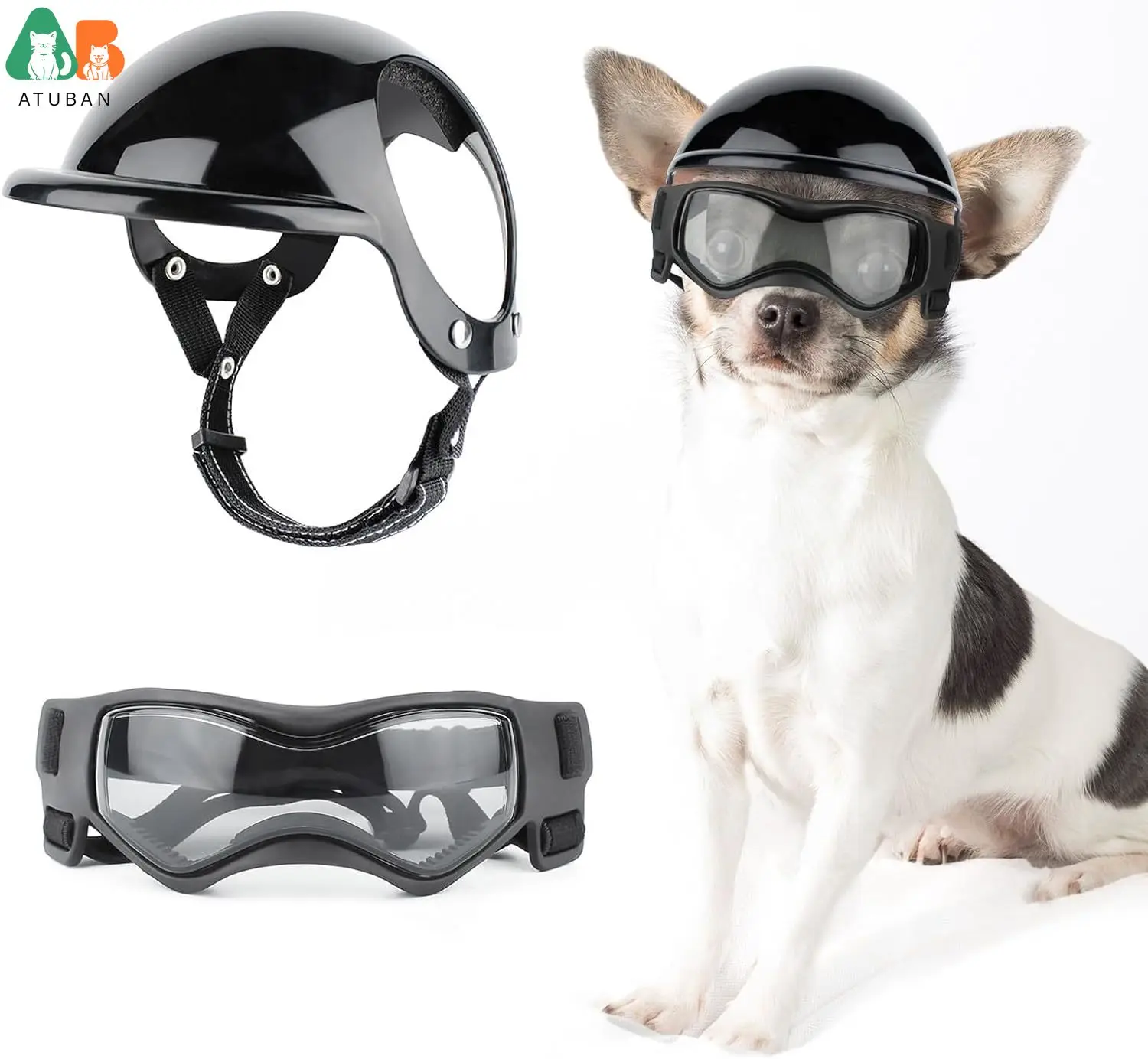 Pet Motorcycle Helmet Hat for Small Dogs, Dog Helmet and Goggles Set with Adjustable Straps for Puppy Riding, Ear Holes