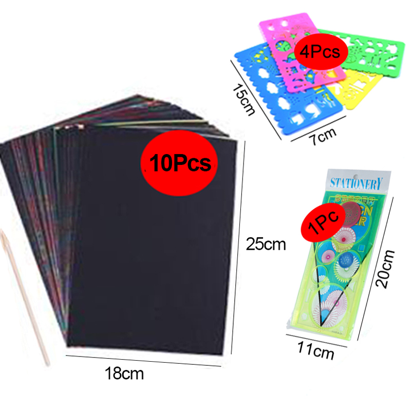 DIY Art Magic Color Rainbow Scratch Card Set with Graffiti Stencil for Kids Painting Craft