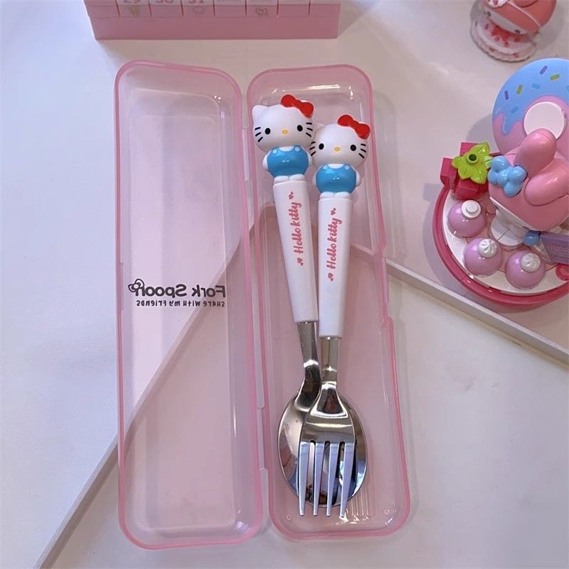 Sanrio Kids Stainless Steel Cartoon Spoon Fork Set Hello Kitty & Kuromi Cute Tableware Gift