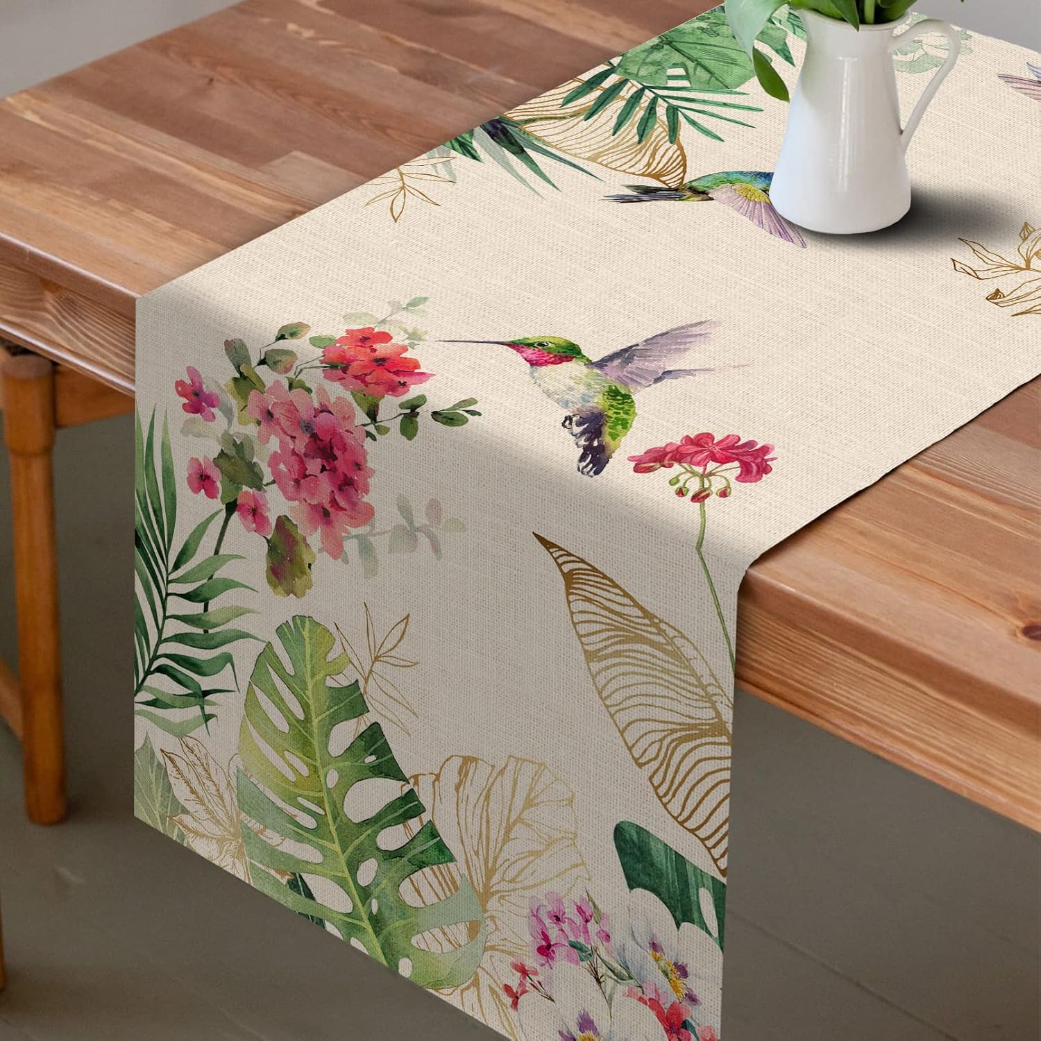 Tropical Hummingbird Palm Leaf Linen Table Runner Summer Party Decor