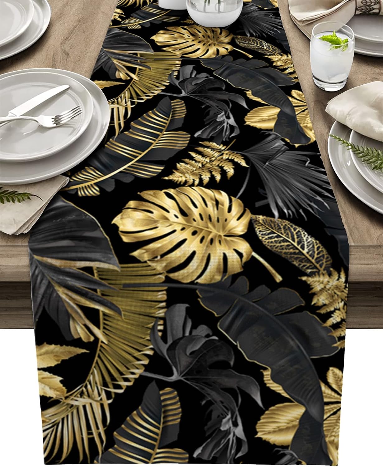 Luxury Tropical Linen Table Runner with Black and Gold Leaves Elegant Dining Decor