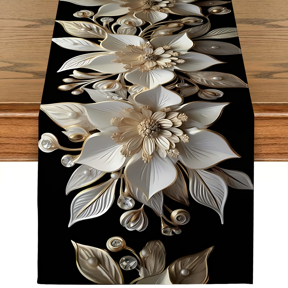 Elegant White & Gold Floral Table Runner Durable Polyester for Holiday & Party Decor