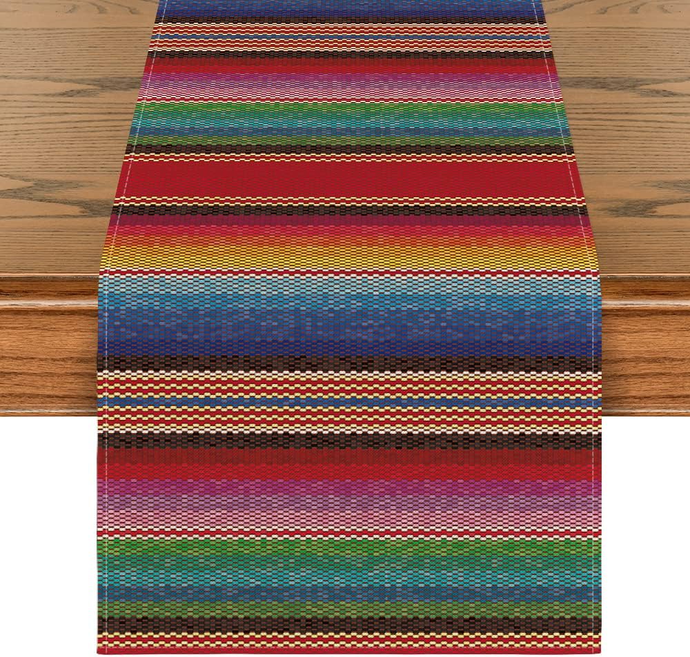 Mexican Fiesta Serape Table Runner Colorful Stripes Linen Party Decor & Table Runner for Dia de los Muertos
