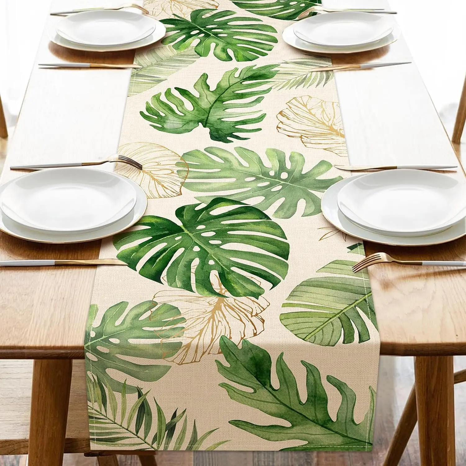 Palm Leaf Linen Table Runner for Tropical Summer Dining and Party Decor