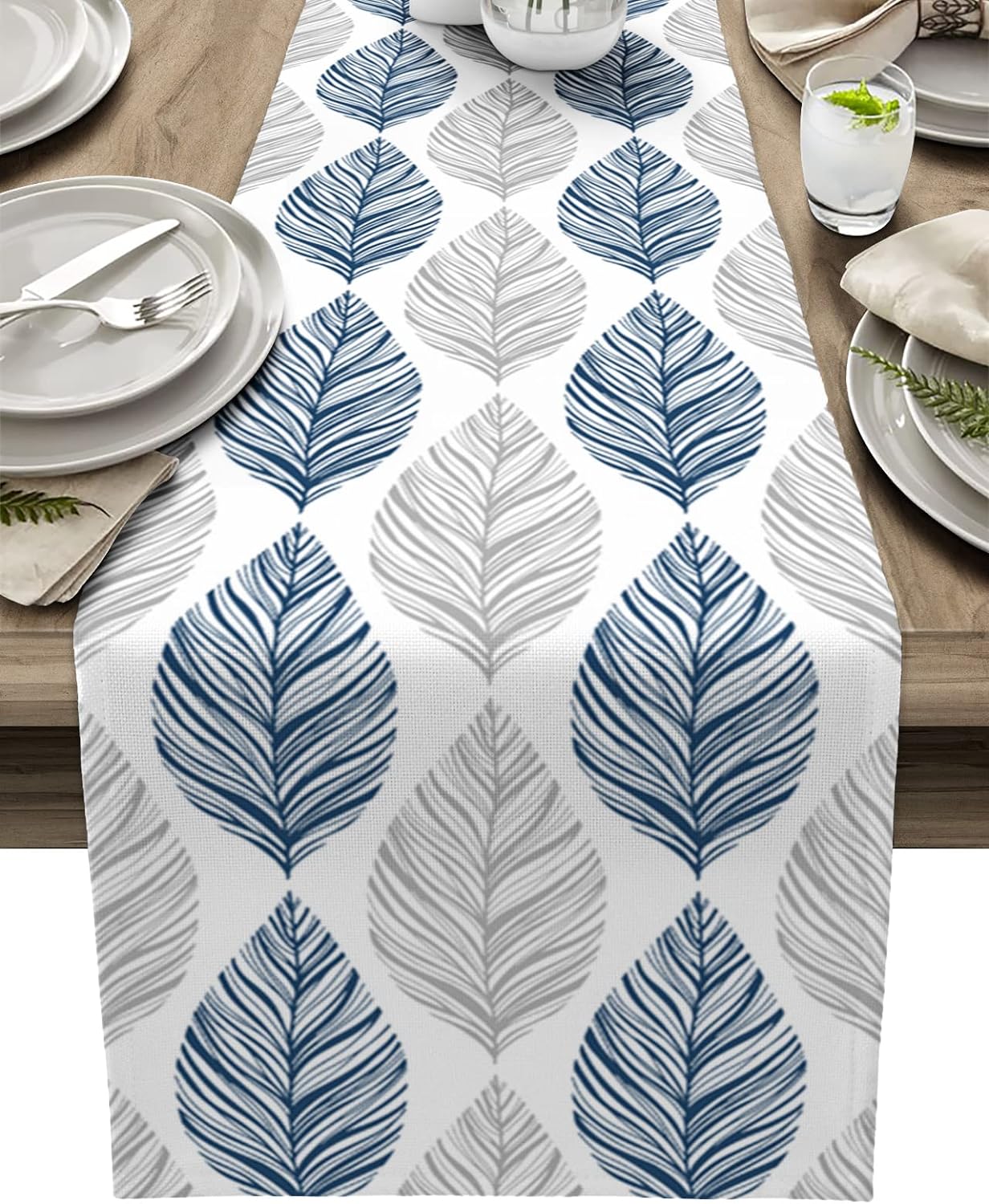 Navy Blue Grey Leaf Linen Table Runner for Dining Table Decor