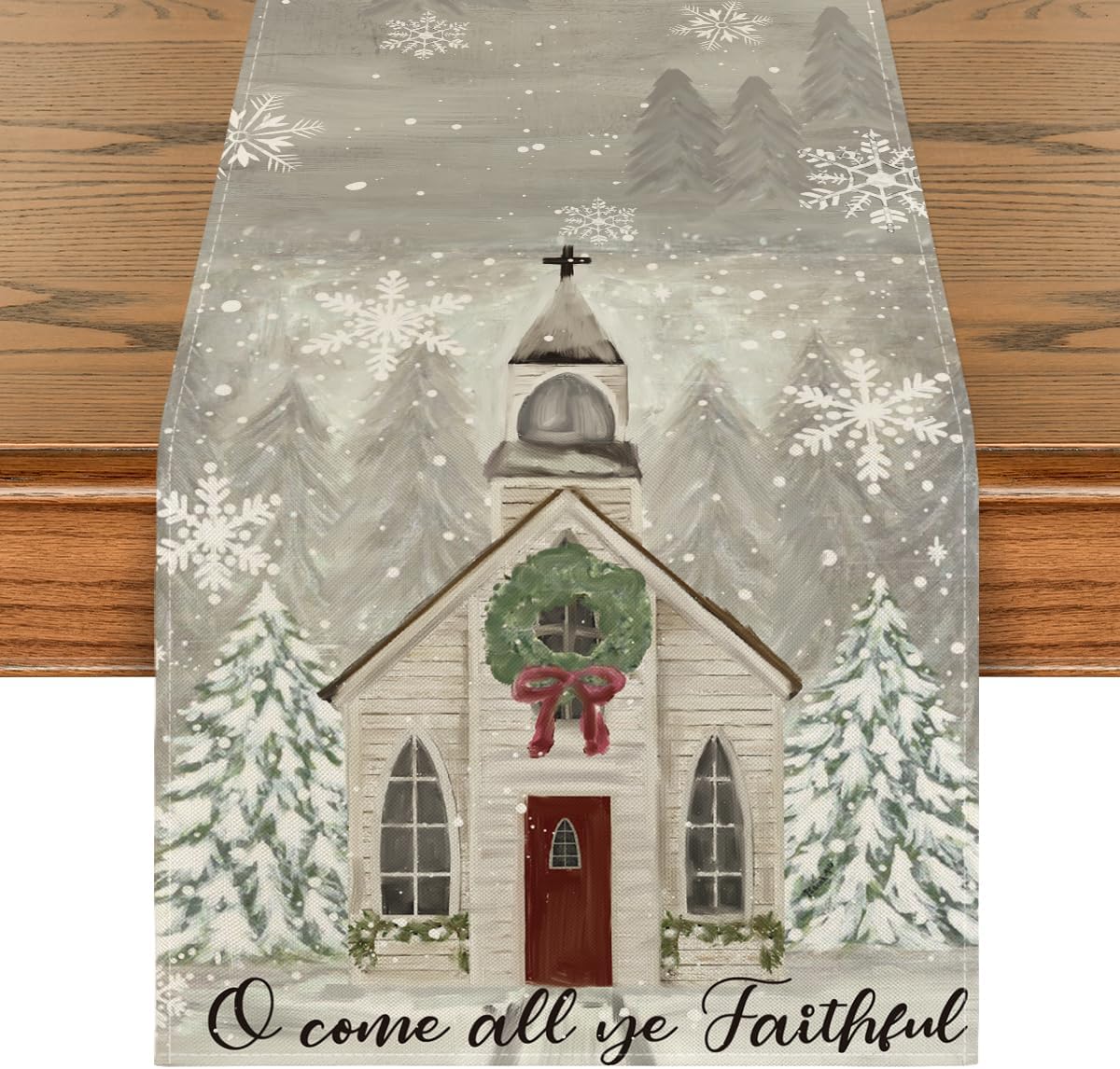 Christmas Table Runner with Snowflake Church Winter Holiday Design