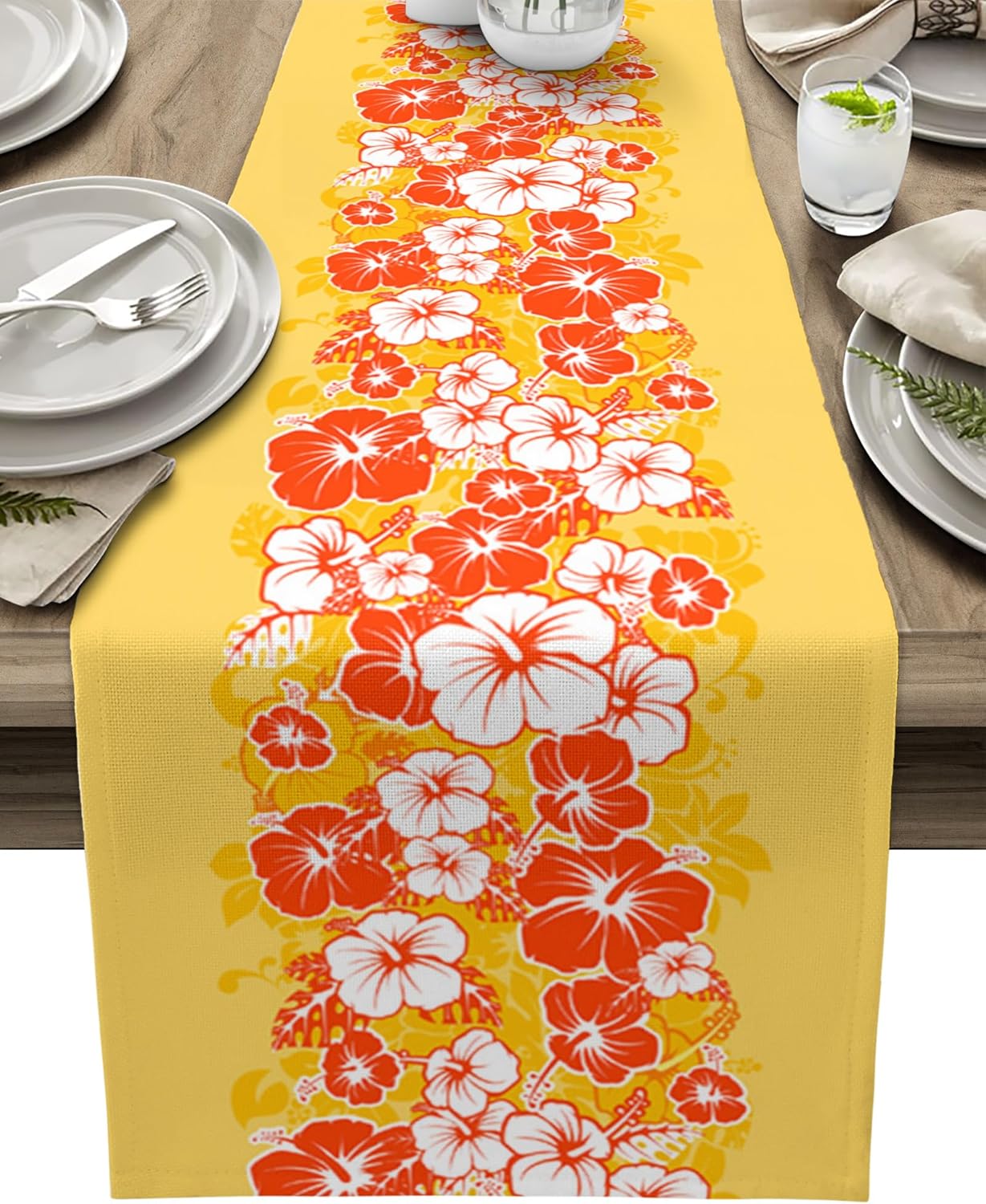 Tropical Hibiscus Linen Table Runner for Hawaiian Dining and Summer Party Decor