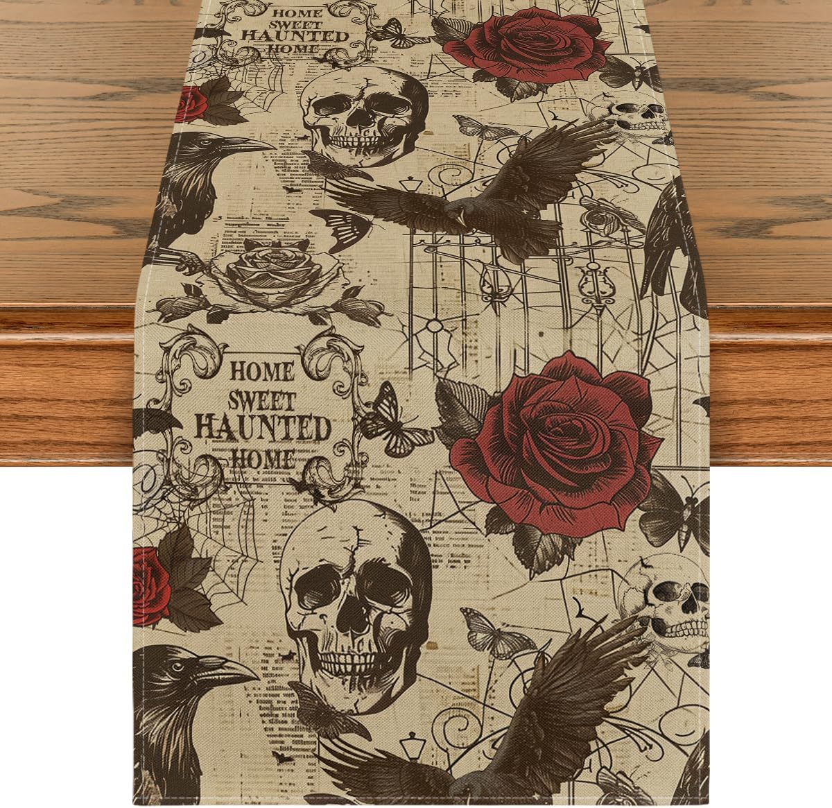 Gothic Skull Rose Halloween Table Runner for Spooky Dining Decor