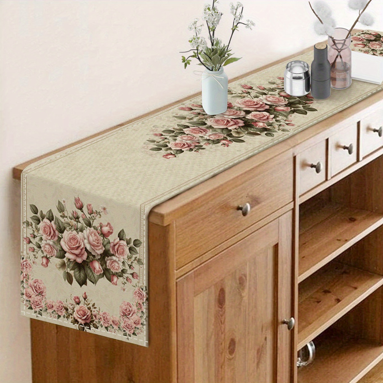 Pink Rose Floral Table Runner for Romantic Dining and Elegant Home Decor