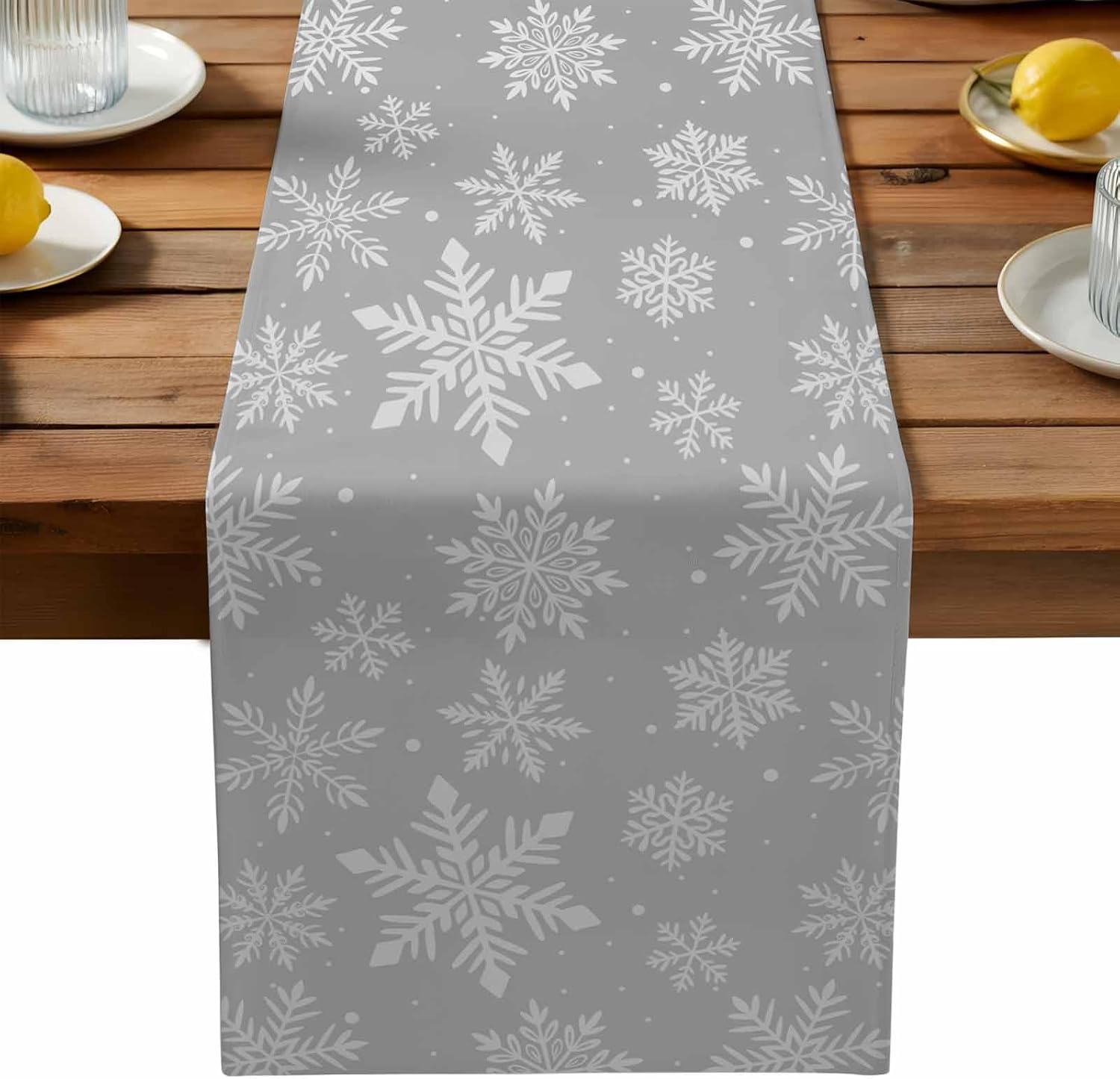Gray Snowflake Christmas Table Runner Linen Look Winter Holiday Table Decor