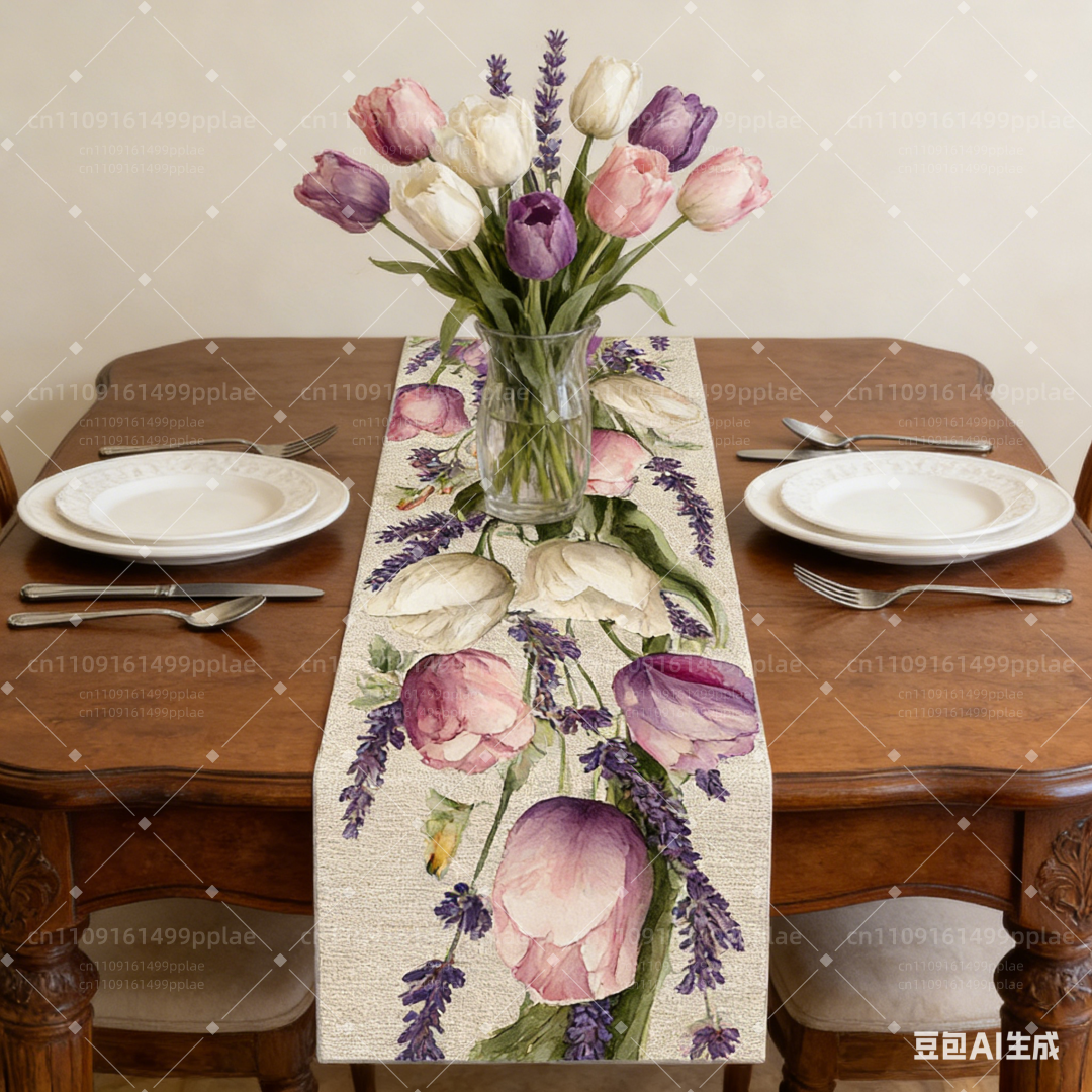 Elegant Pastel Floral Spring Table Runner Watercolor Tulip & Lavender Dining Table Decor