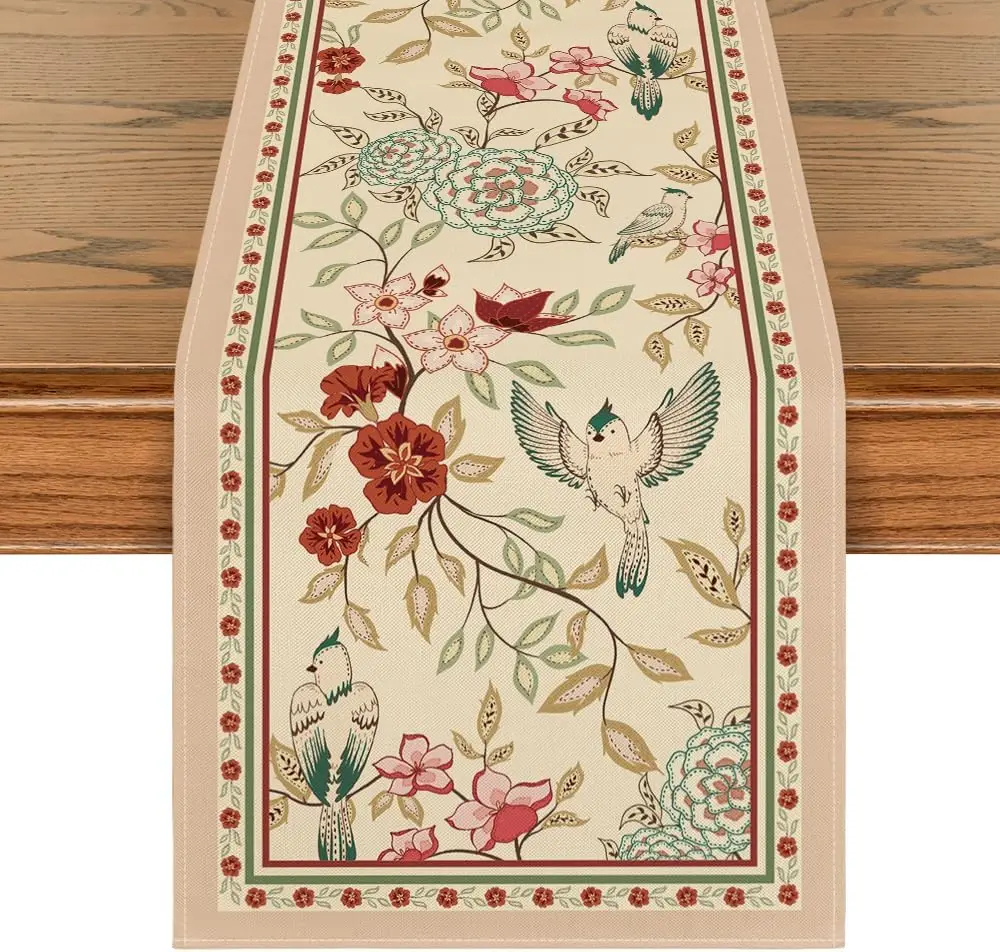 Elegant Floral & Bird Print Table Runner Classic Nature Inspired Dining Table Decor