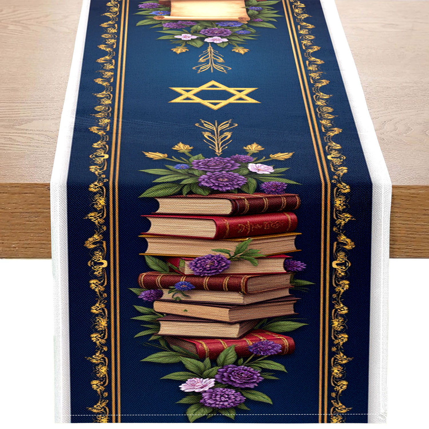 Elegant Jewish Table Runner with Star of David, Books & Wine Design Holiday Table Decor Accent