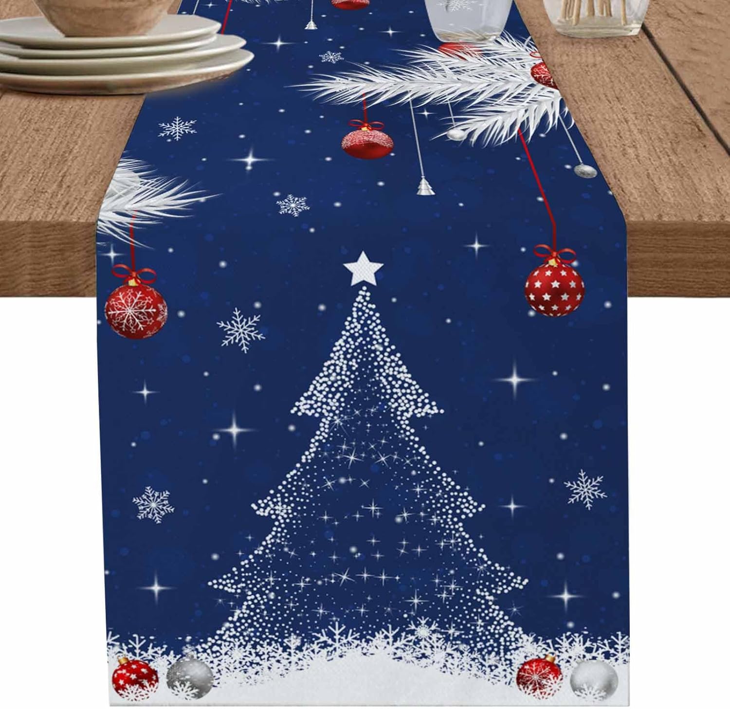 Festive Winter Pine & Snowflake Christmas Table Runner Elegant Holiday Linen Decoration