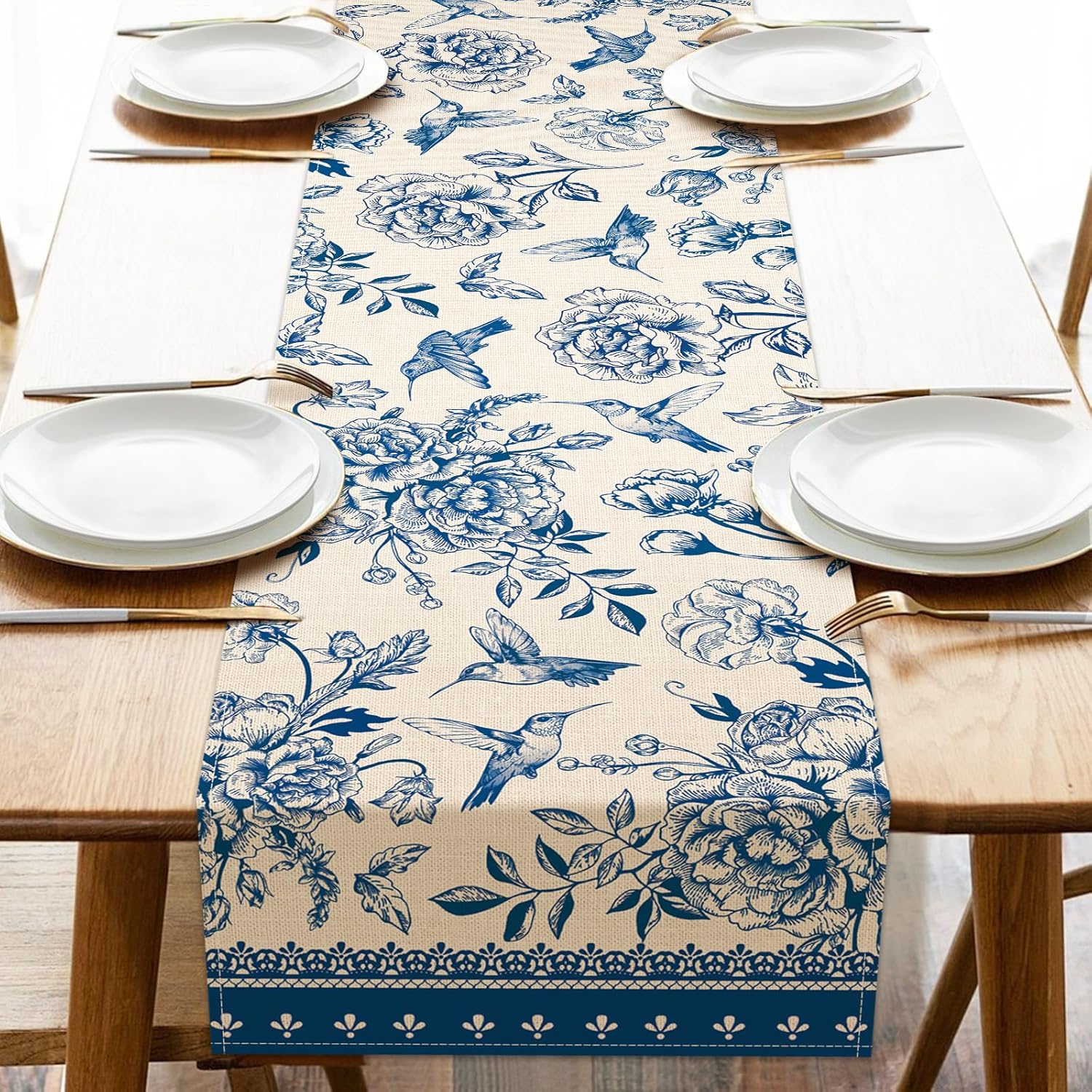 Blue & White Porcelain Floral Birds Linen Farmhouse Table Runner for Dining & Weddings